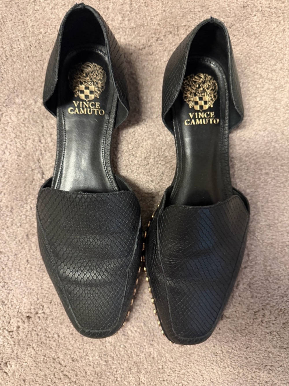 Vince Camuto Black Textured D'Orsay Flats with Gold Stud Trim